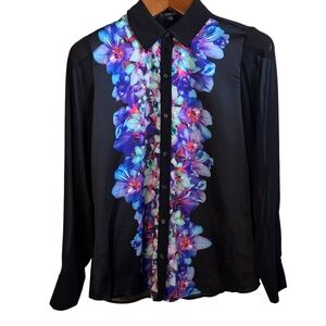 Express Y2K Floral Black Button Down Shirt Size Medium NWT